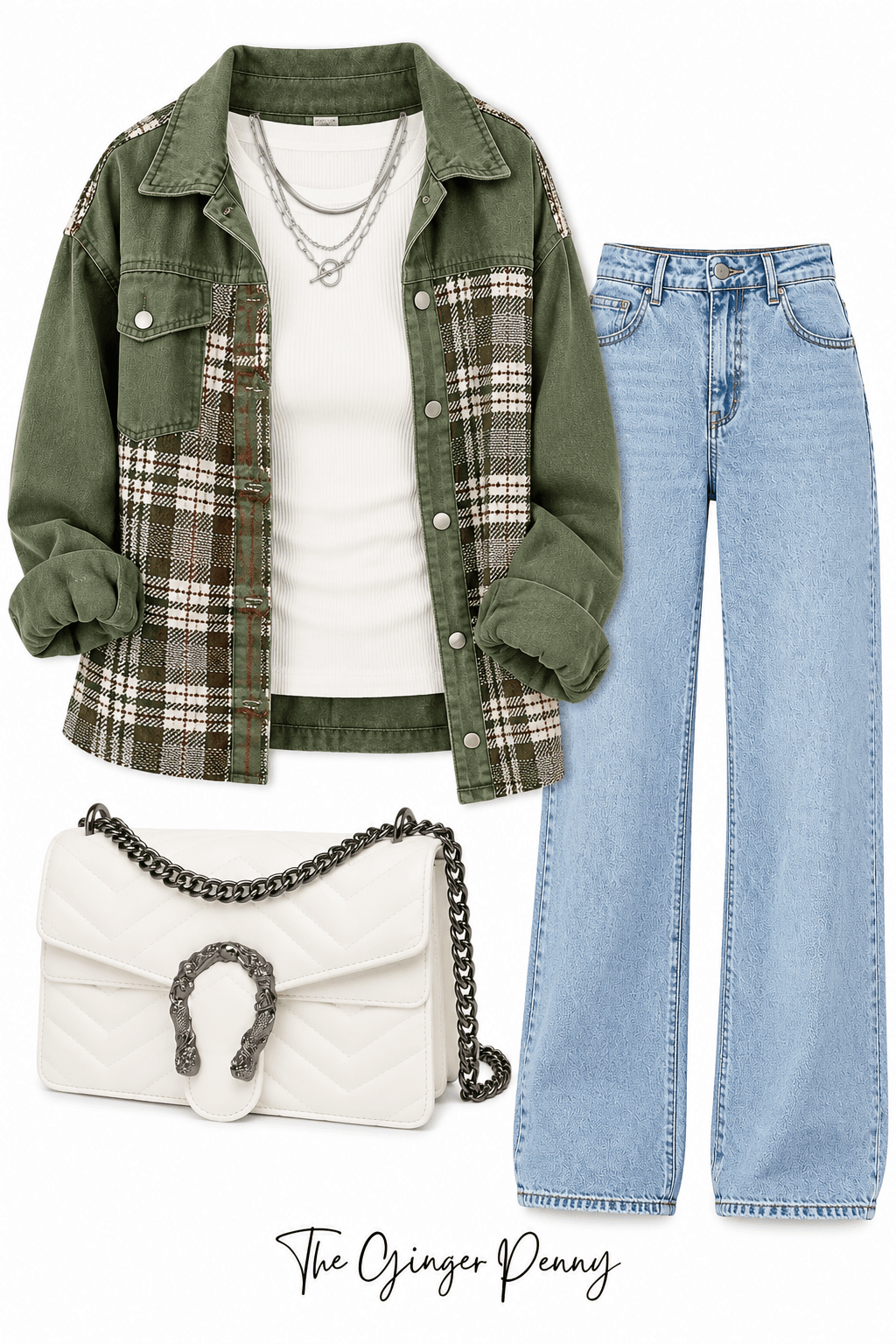 Green plaid shacket fall outfit with white top, light wash jeans and neutral handbag