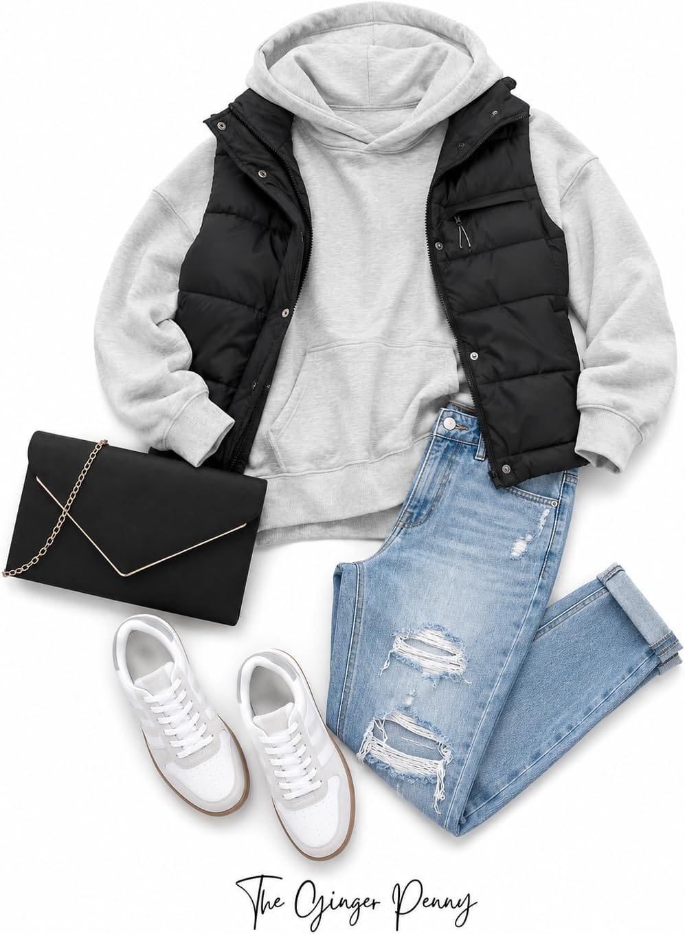 Cozy casual outfit finds with a gray hoodie, black puffer vest, jeans, white sneakers and black bag