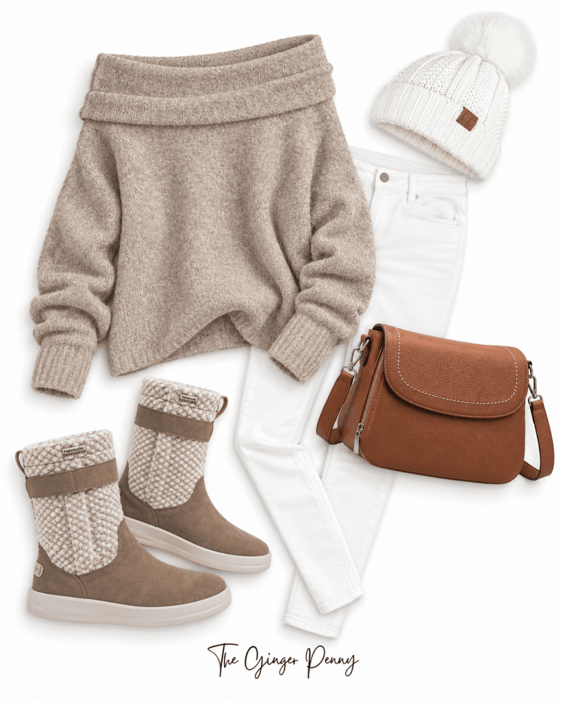 Cozy neutral fall outfit with chunky sweater, leggings, boots and brown crossbody bag