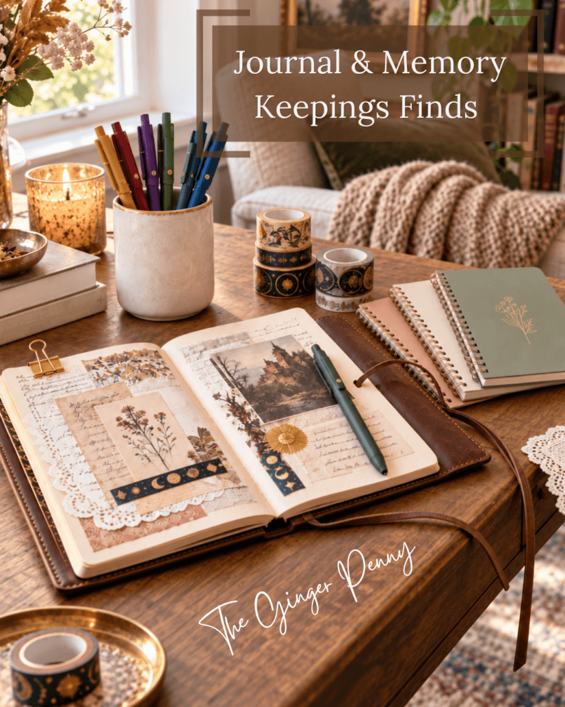 Journal and memory keeping finds including journals, pens, decorative tape and creative supplies