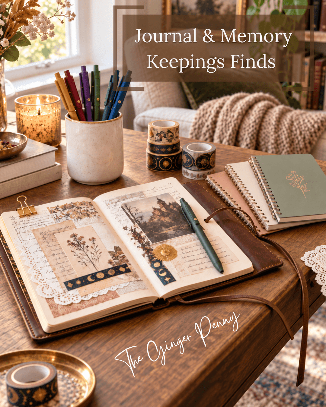 Journal and memory keeping finds including journals, pens, decorative tape and creative supplies
