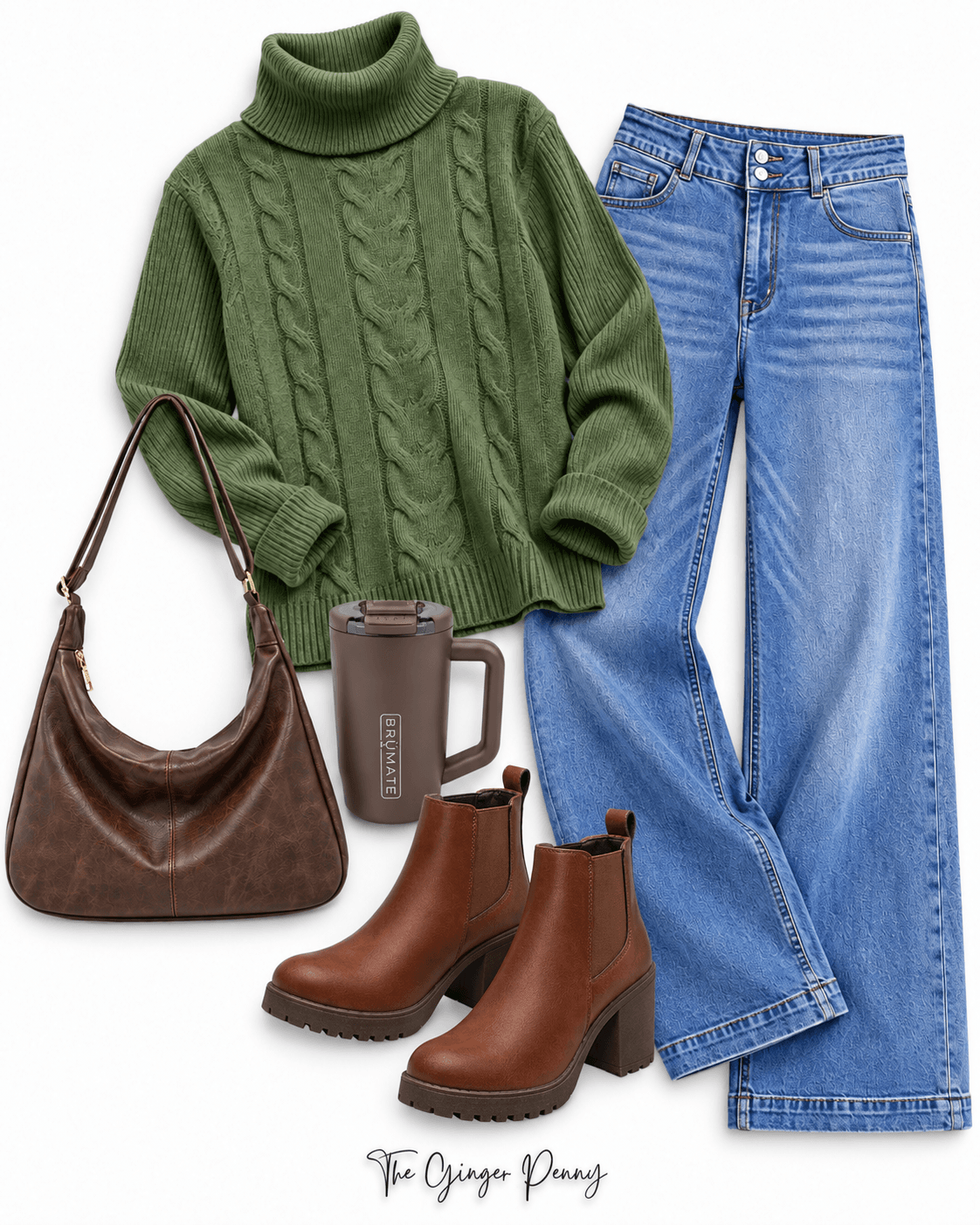 Easy sweater and jeans fall outfit with green sweater, blue jeans, brown ankle boots and handbag