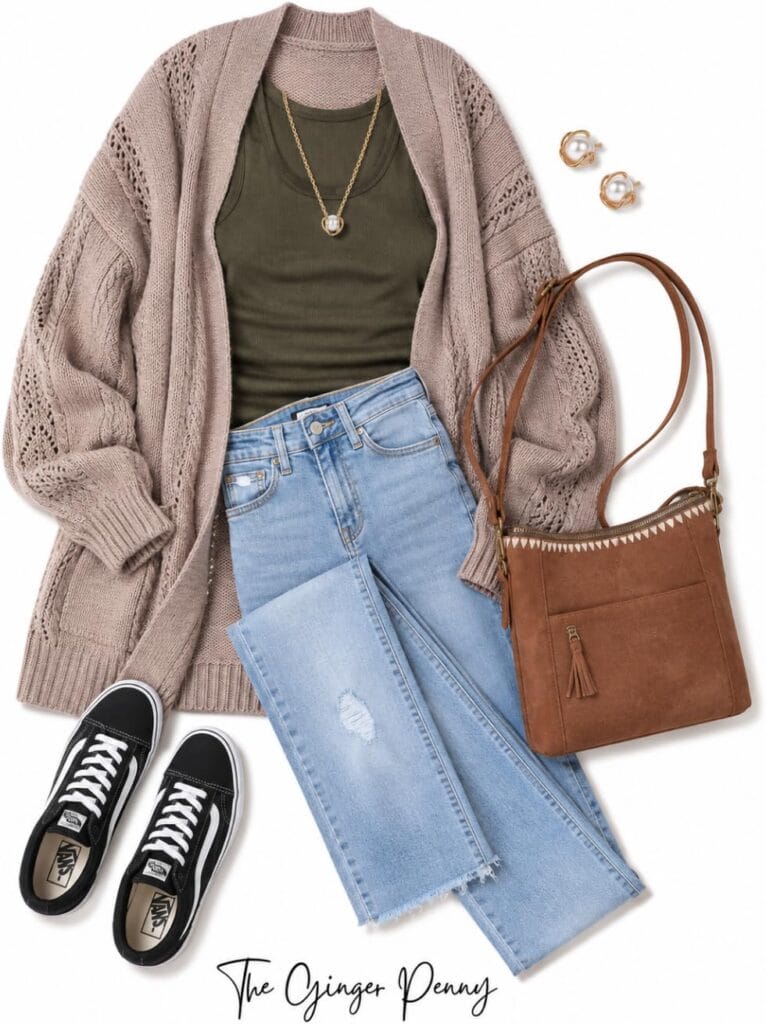 Cozy cardigan outfit finds with oversized cardigan, tank top, jeans, black sneakers and brown crossbody bag