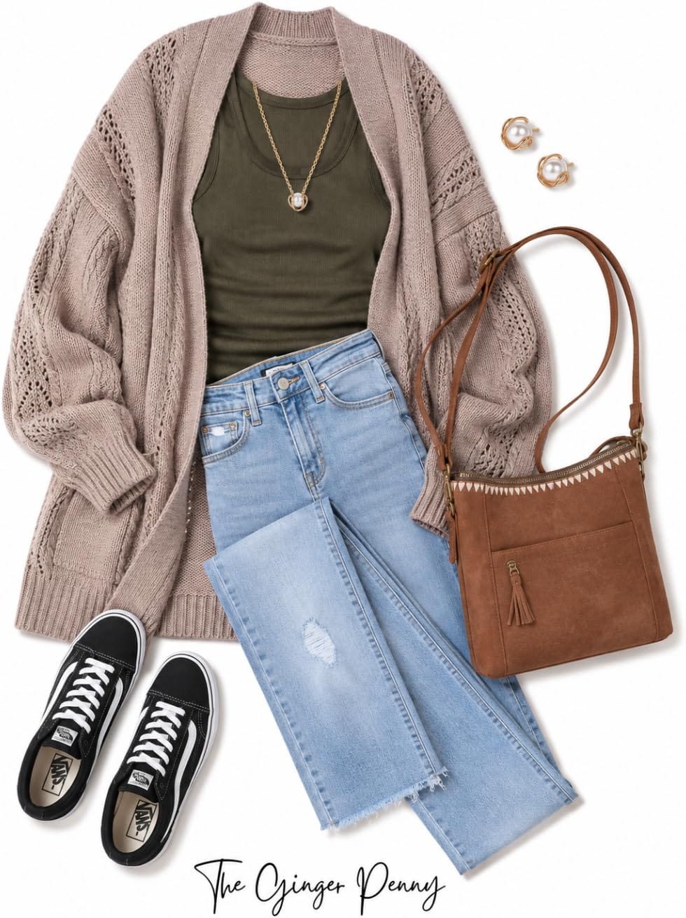 Cozy cardigan outfit finds with oversized cardigan, tank top, jeans, black sneakers and brown crossbody bag