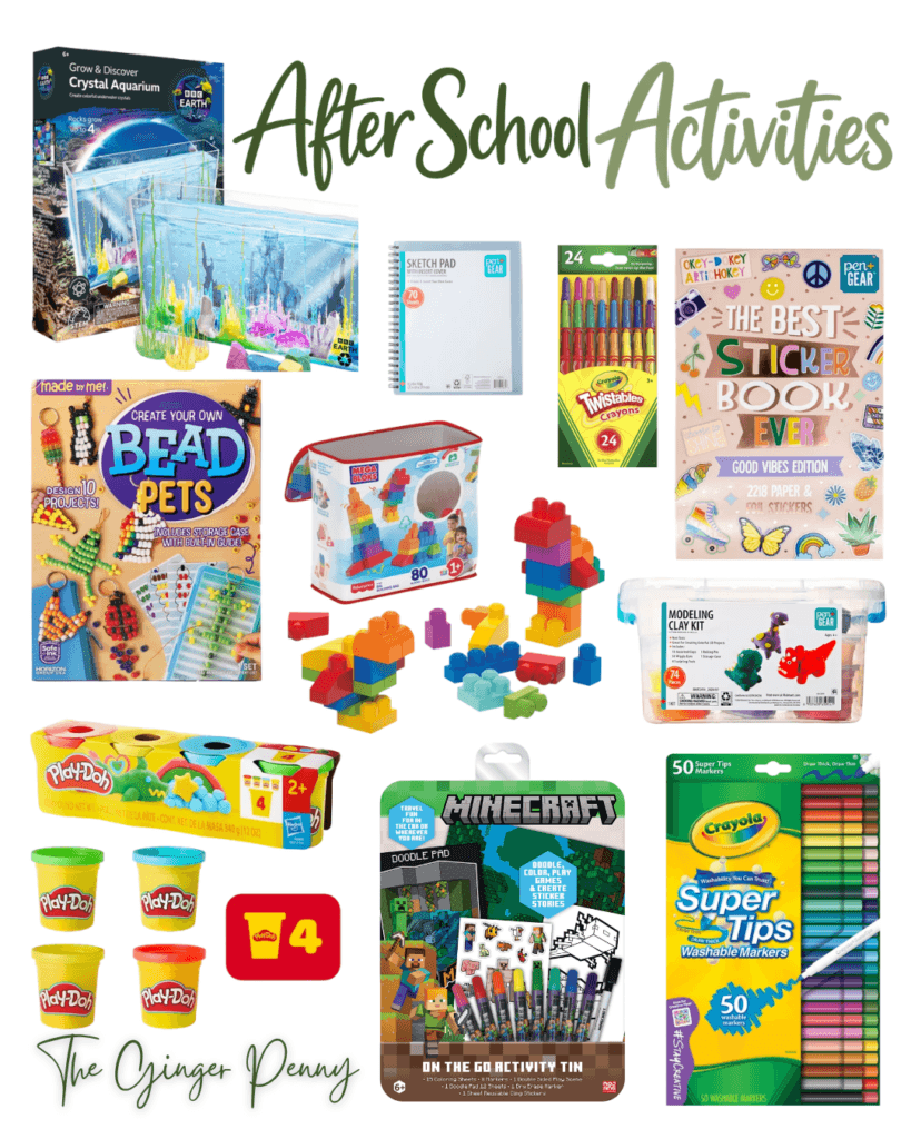 After school activities including crafts, building sets, coloring supplies, Play-Doh and kids activity kits