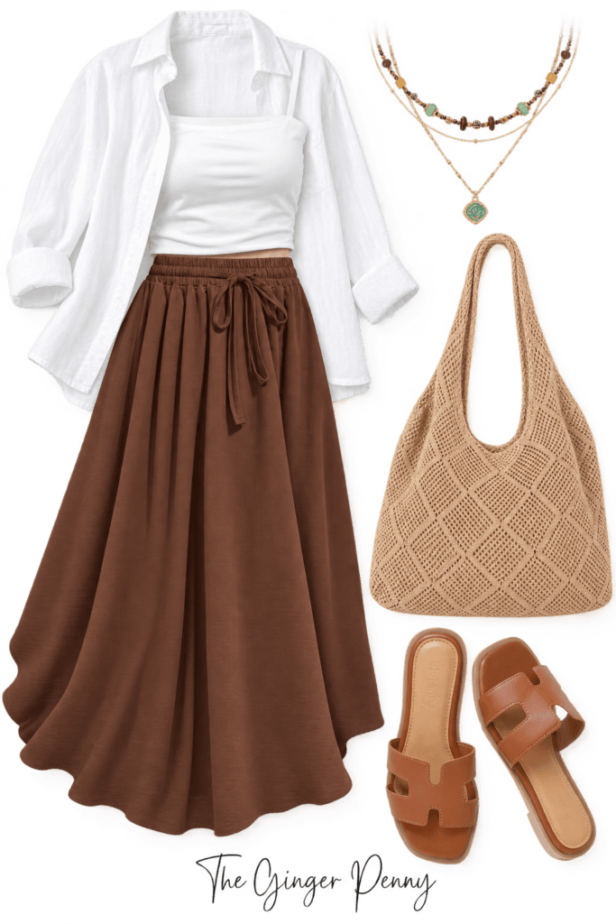 Brown maxi skirt outfit with white button down shirt, tank top, woven bag and brown sandals