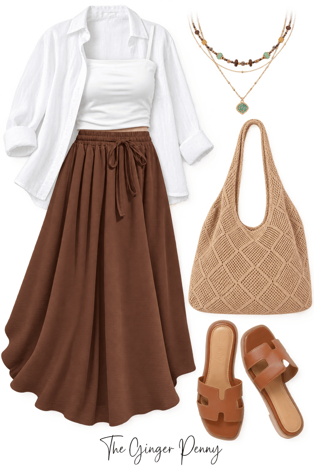 Brown maxi skirt outfit with white button down shirt, tank top, woven bag and brown sandals