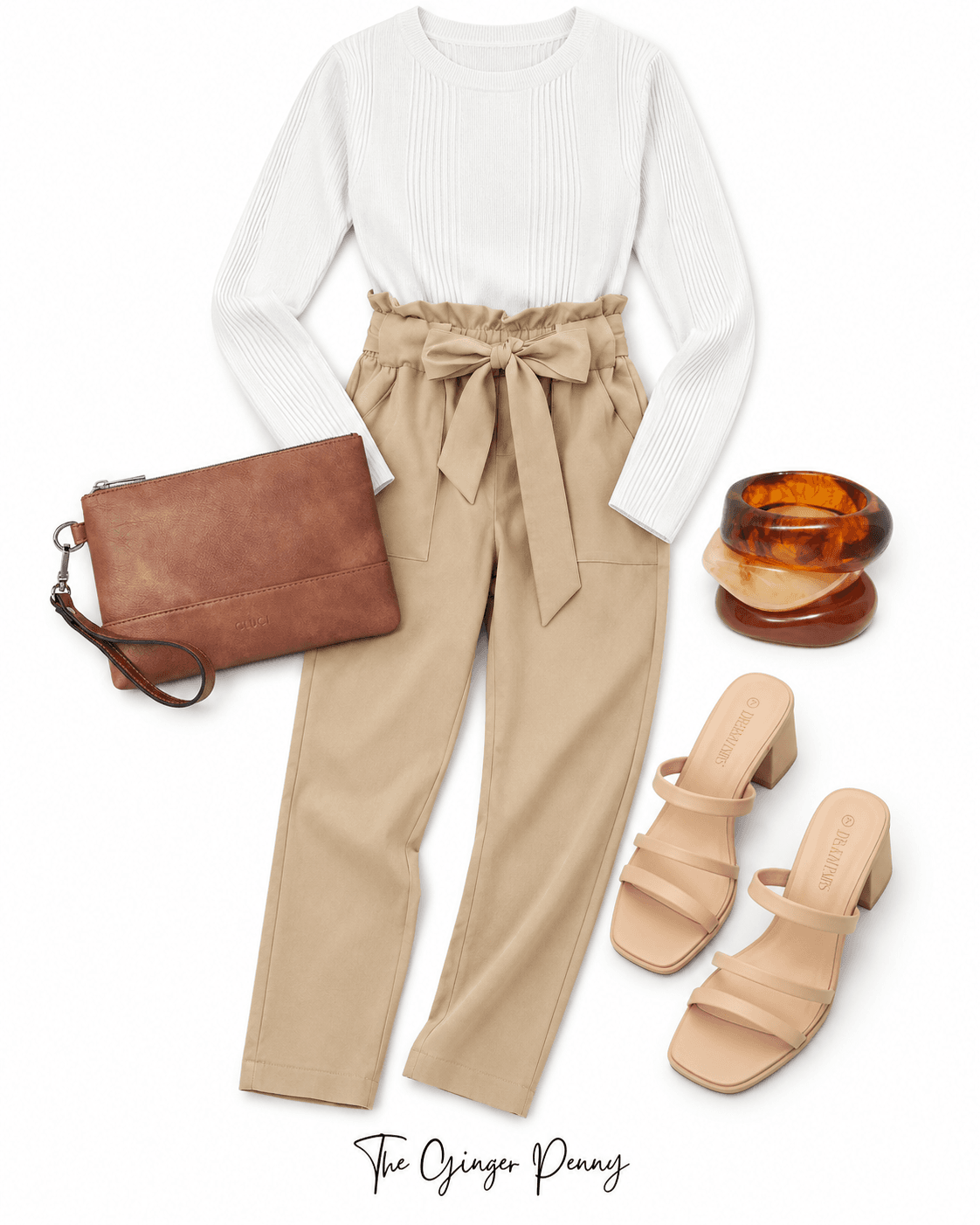 Cream and brown fall outfit with neutral sweater, tan pants, brown bag and casual shoes