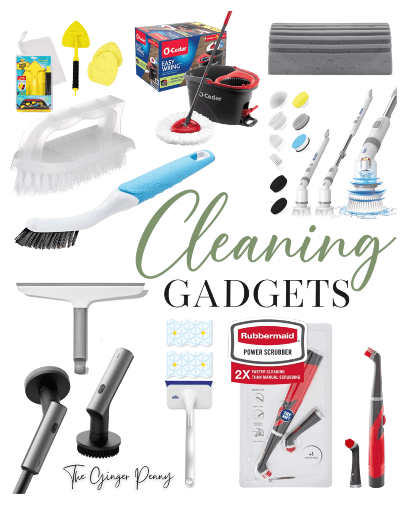 Cleaning gadgets including scrub brushes, power scrubbers, mops and household cleaning tools