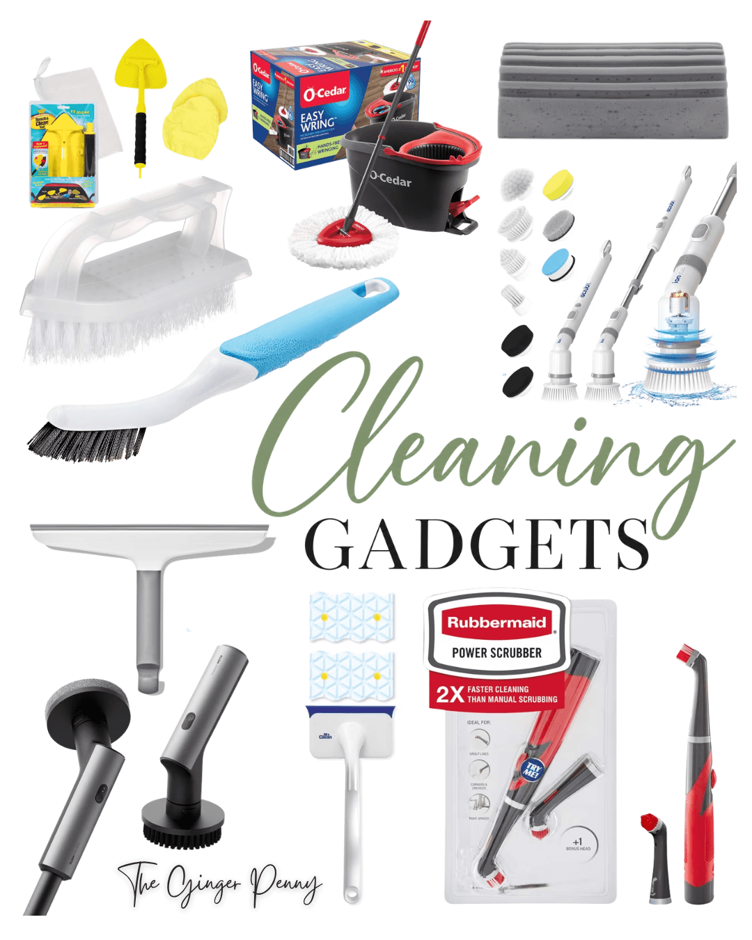 Cleaning gadgets including scrub brushes, power scrubbers, mops and household cleaning tools