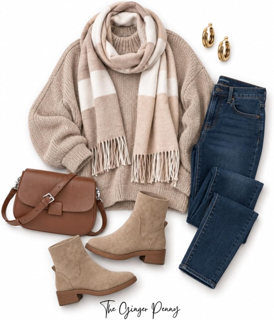 Cozy neutral fall outfit with knit sweater, scarf, dark jeans, taupe boots and brown crossbody bag