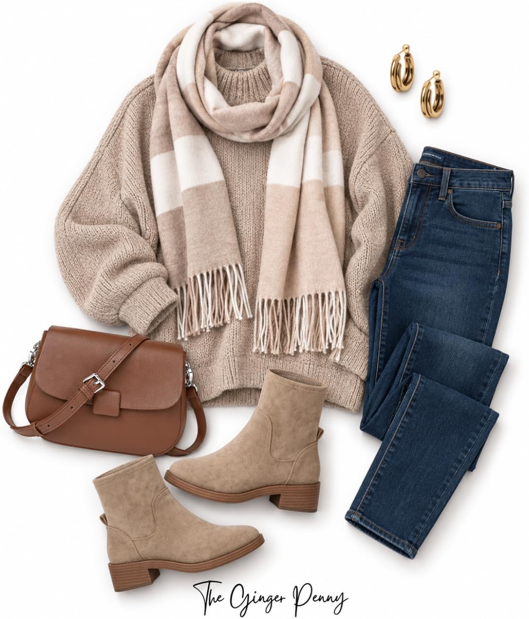 Cozy neutral fall outfit with knit sweater, scarf, dark jeans, taupe boots and brown crossbody bag