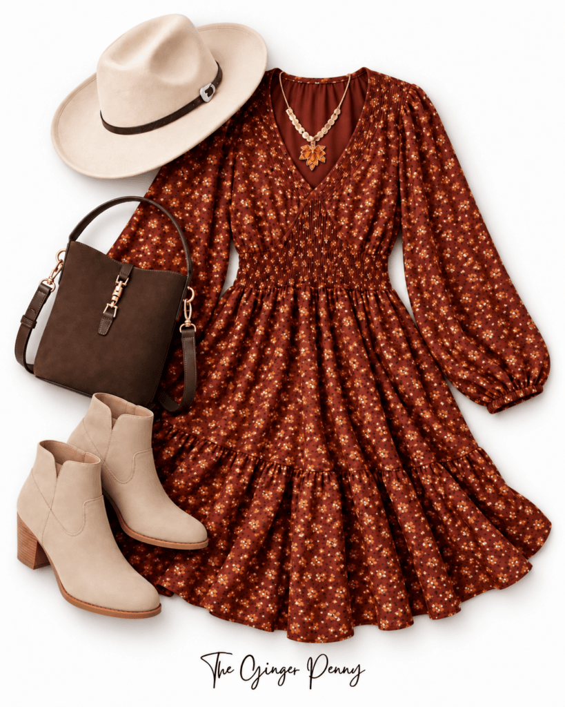 Easy fall dress outfit with floral dress, taupe ankle boots, felt hat and brown handbag