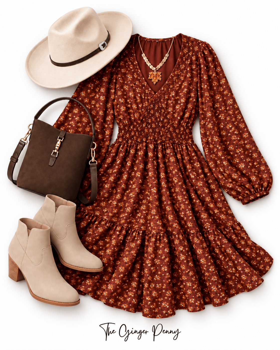 Easy fall dress outfit with floral dress, taupe ankle boots, felt hat and brown handbag