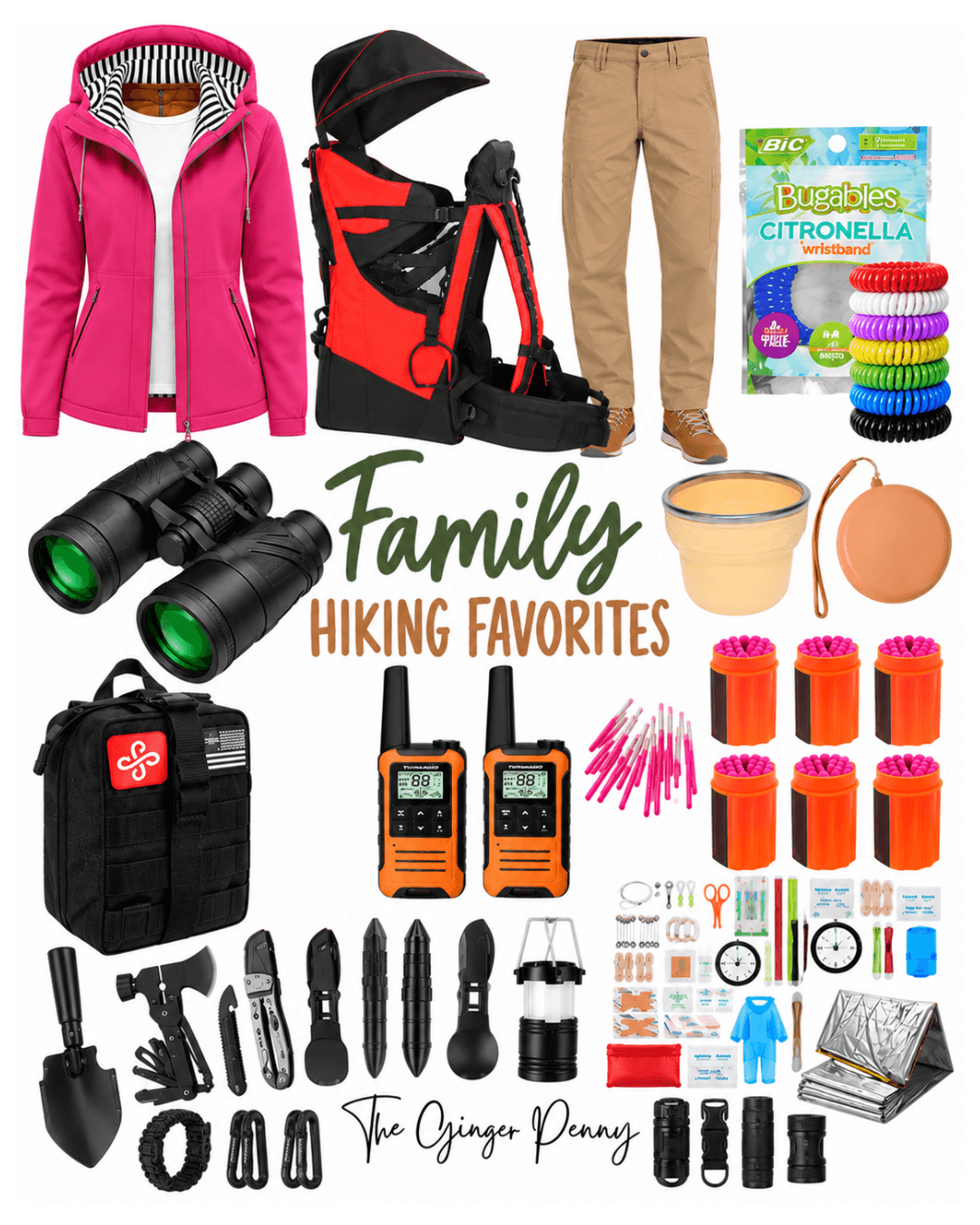 Family hiking day finds with outdoor gear, rain protection, binoculars and hiking essentials