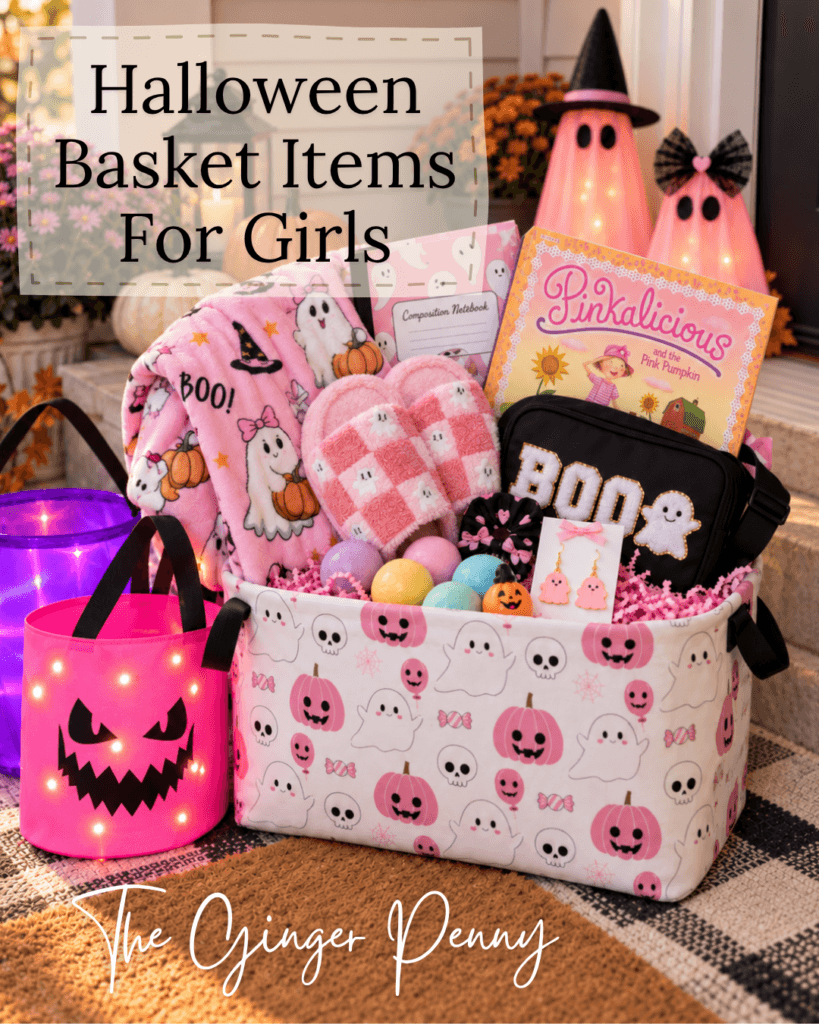 Girl Boo Basket ideas with cute Halloween activities, treats, toys and spooky season gifts