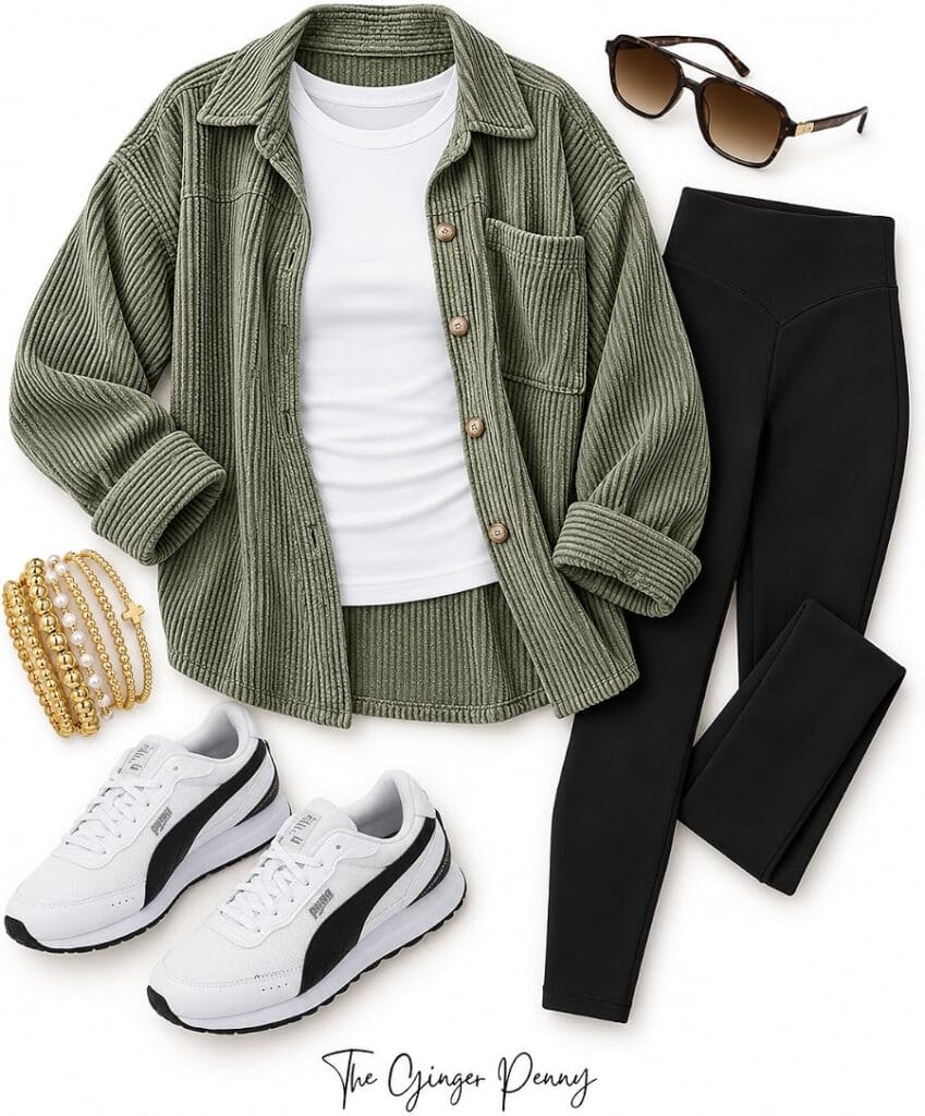 Easy everyday fall outfit with olive corduroy shacket, white tee, black leggings and white sneakers