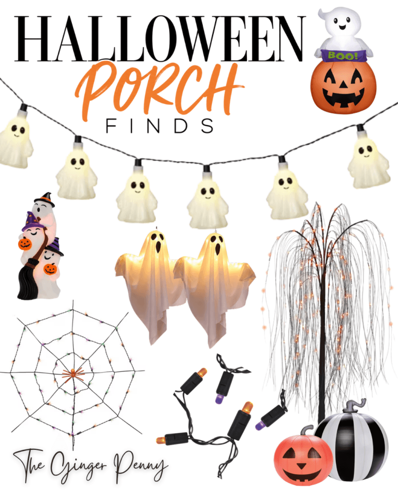 Halloween porch finds with ghosts, pumpkins, lights and outdoor Halloween decorations