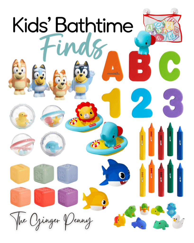 Kids bathtime finds with bath toys, foam letters, numbers, crayons and colorful activities