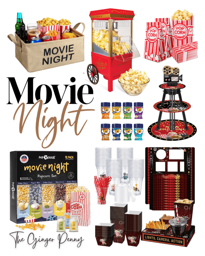 Movie Night Favorites including Amazon popcorn makers, snacks, popcorn containers, seasonings, and movie night accessories