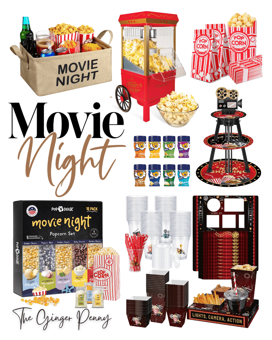 Movie Night Favorites including Amazon popcorn makers, snacks, popcorn containers, seasonings, and movie night accessories
