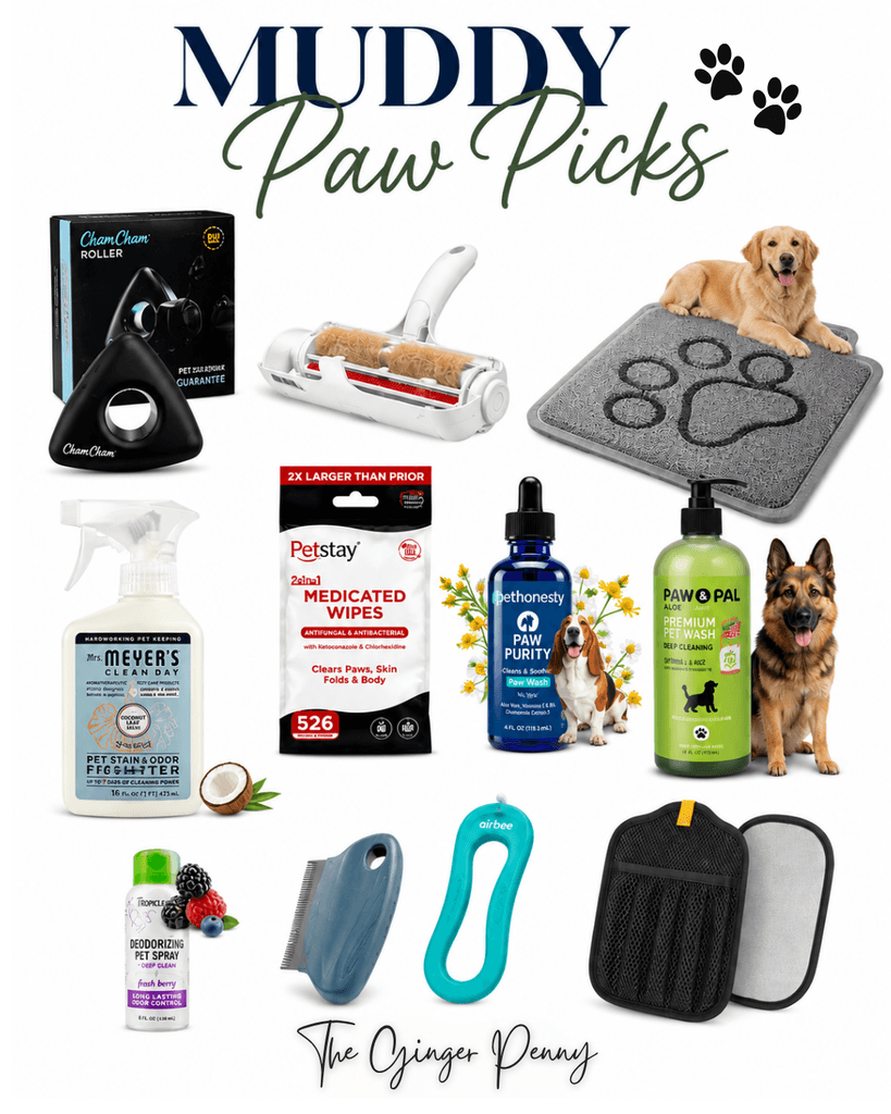 Muddy Paw Picks featuring dog paw cleaners, wipes, paw wash, pet stain remover and dog cleaning essentials