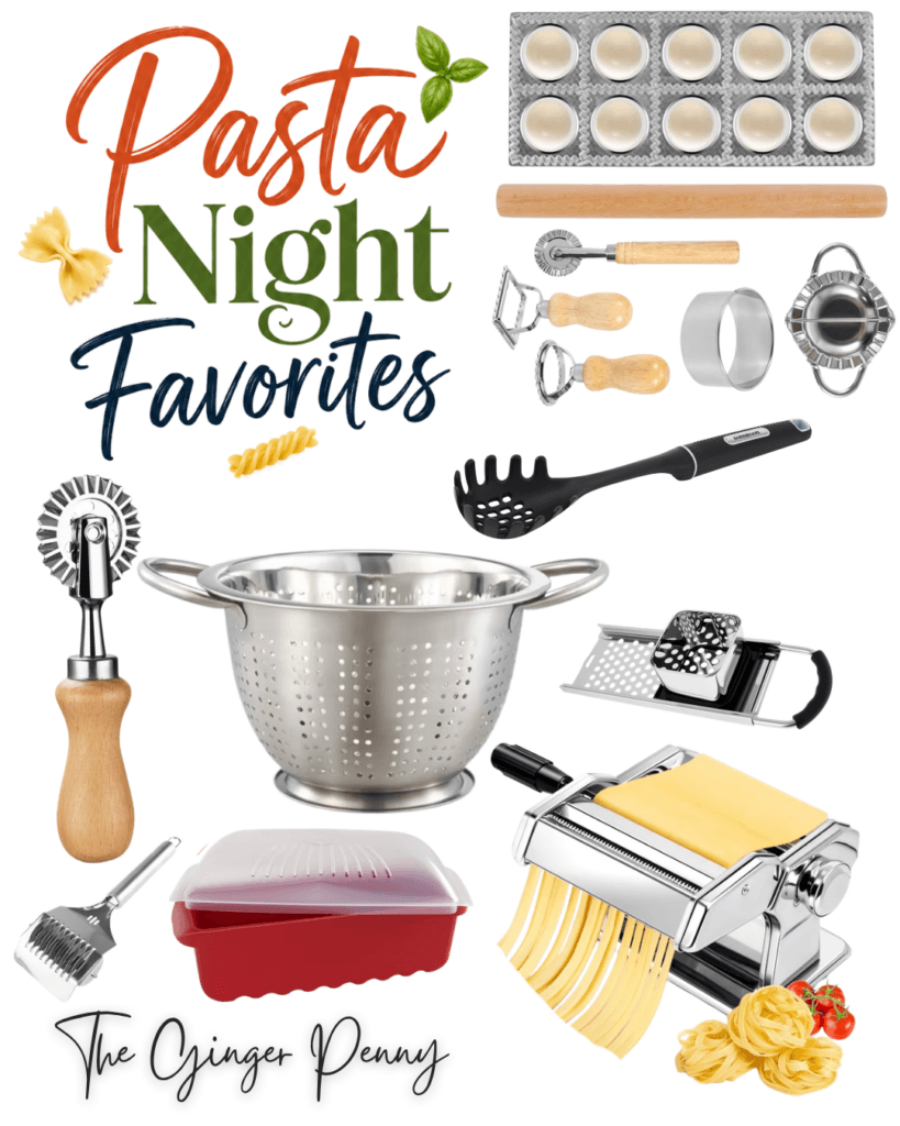 Pasta night favorites with pasta maker, colander, ravioli tools and kitchen utensils Title: Pasta Night Favorites for an Easy Dinner