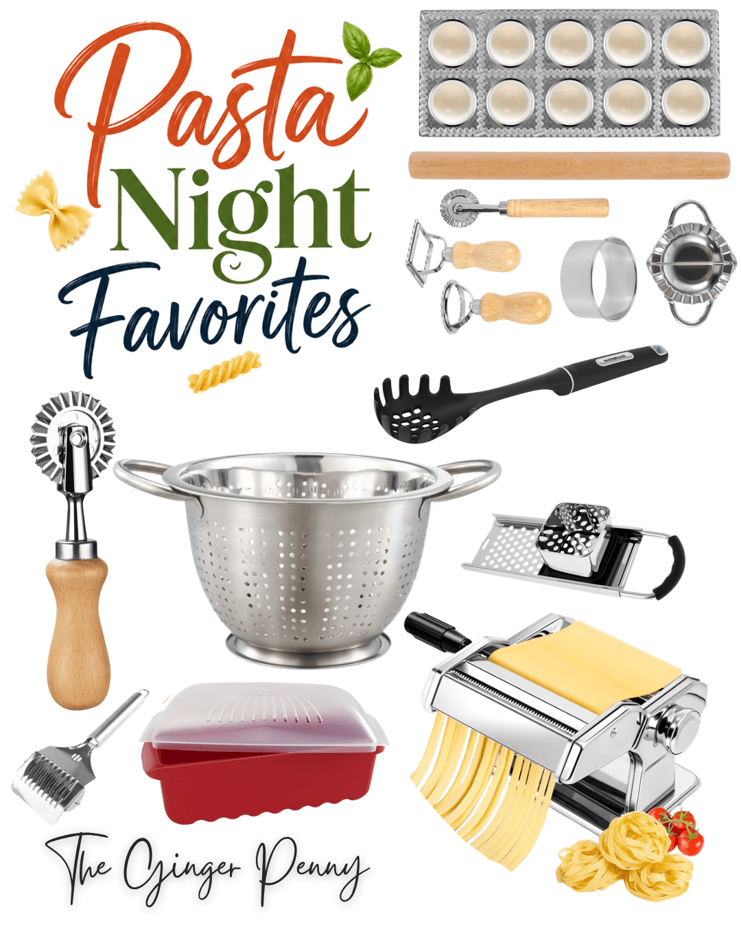Pasta night favorites with pasta maker, colander, ravioli tools and kitchen utensils Title: Pasta Night Favorites for an Easy Dinner