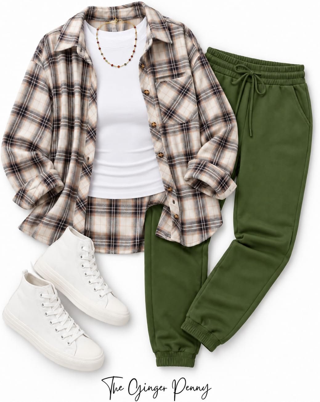 Comfy jogger and flannel outfit with olive green joggers, plaid flannel shirt, white tank and white sneakers
