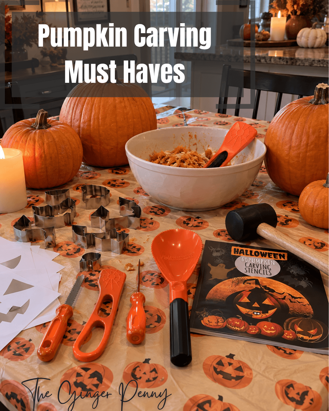 Pumpkin carving night finds with carving tools, pumpkin decorating supplies and family Halloween essentials