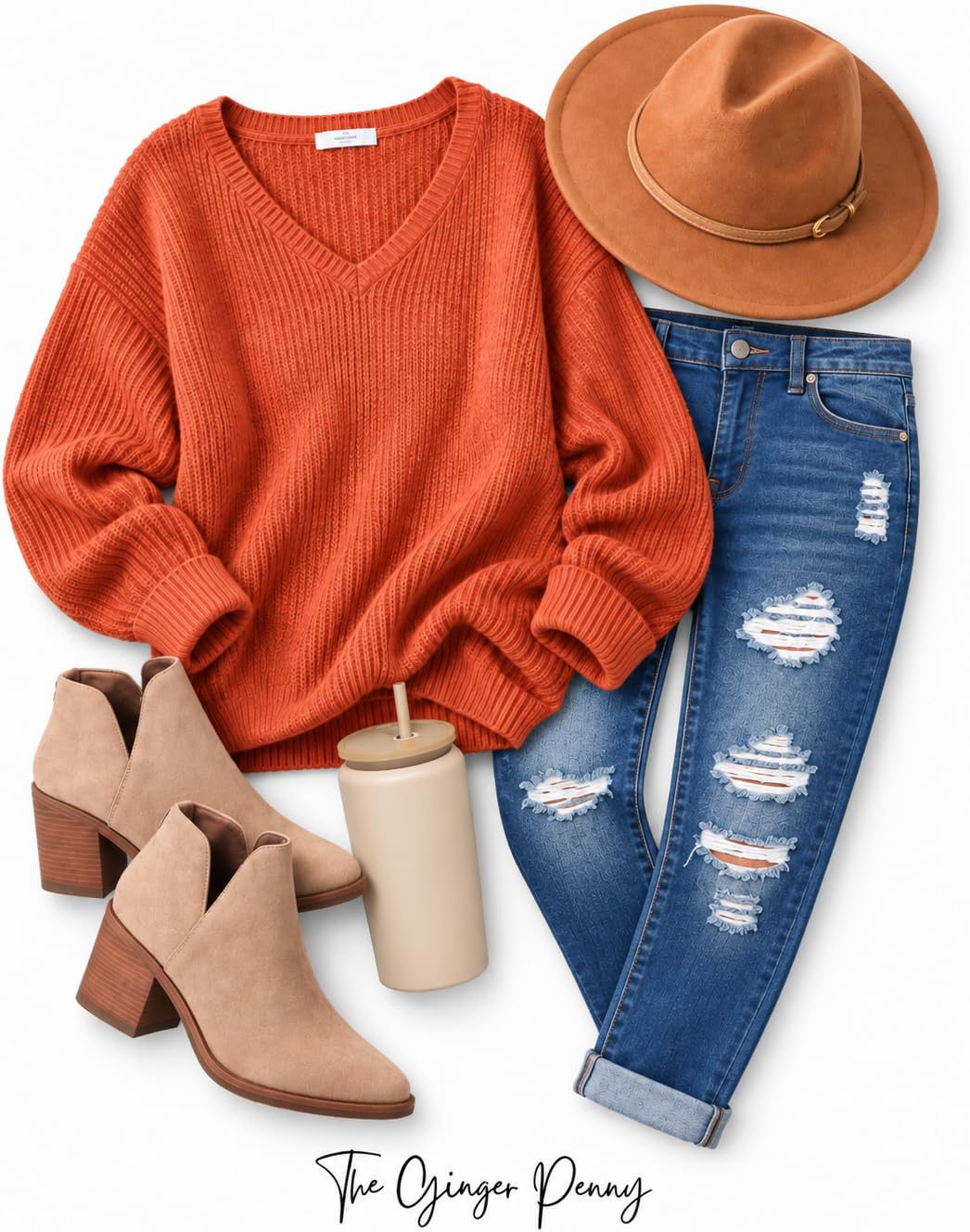 Rust sweater fall outfit with distressed jeans, taupe ankle boots, felt hat and neutral tumbler