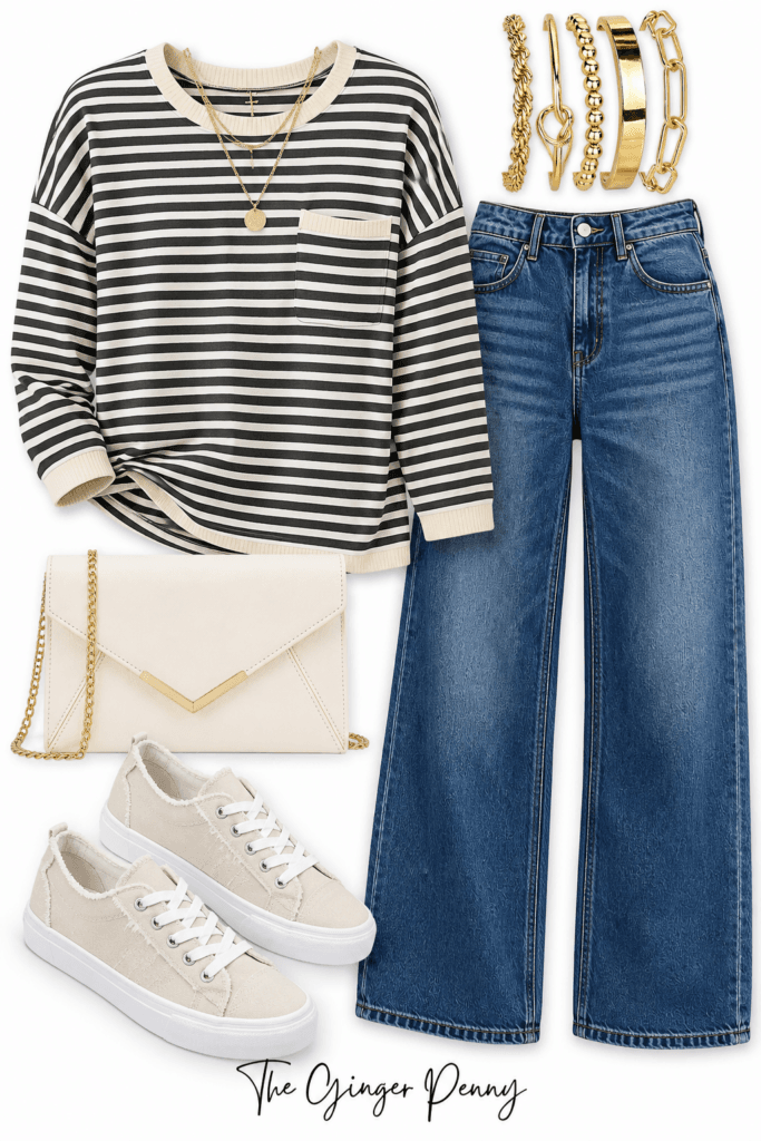 Striped sweater and wide leg jeans outfit with neutral sneakers, cream handbag and gold jewelry