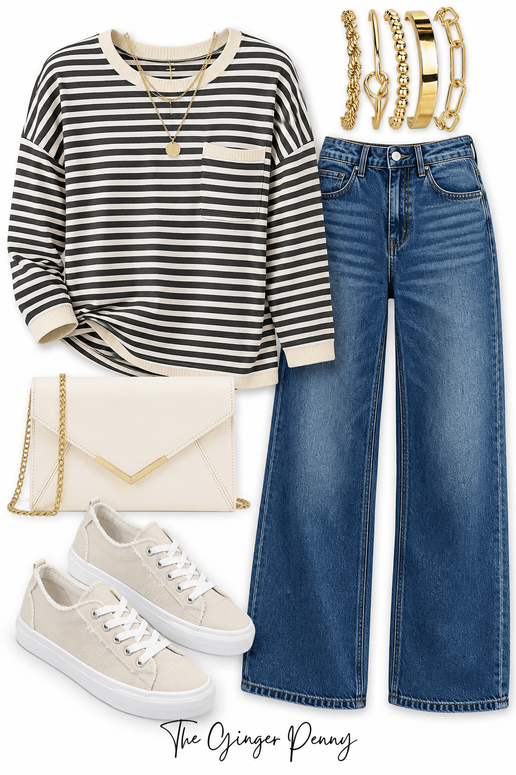 Striped sweater and wide leg jeans outfit with neutral sneakers, cream handbag and gold jewelry
