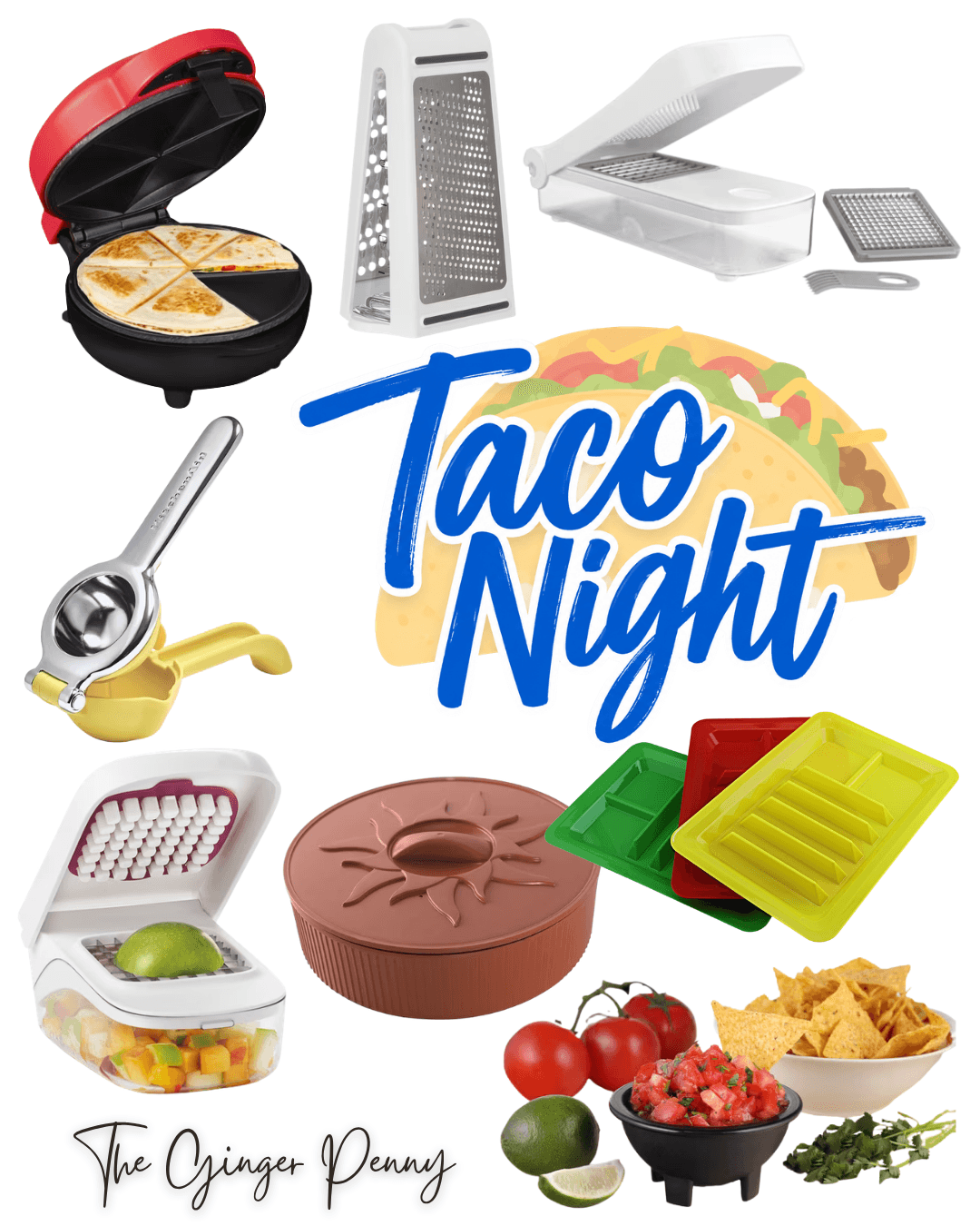 Taco night finds with taco holders, kitchen tools, salsa bowl, citrus press and food chopper