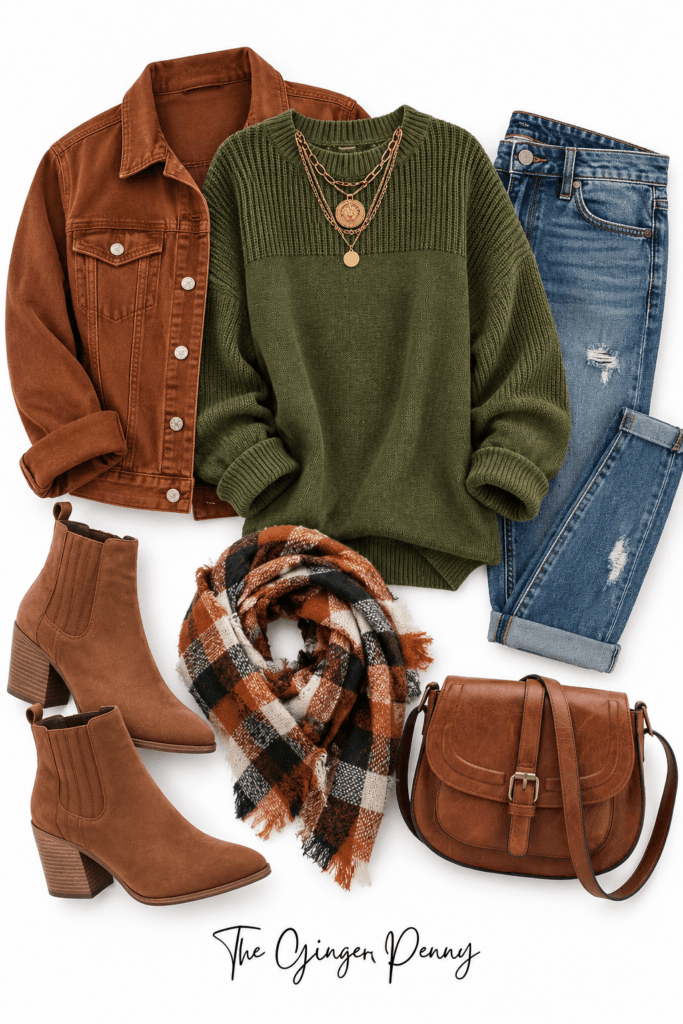 Olive green sweater fall outfit with rust jacket, jeans, brown ankle boots, plaid scarf and crossbody bag