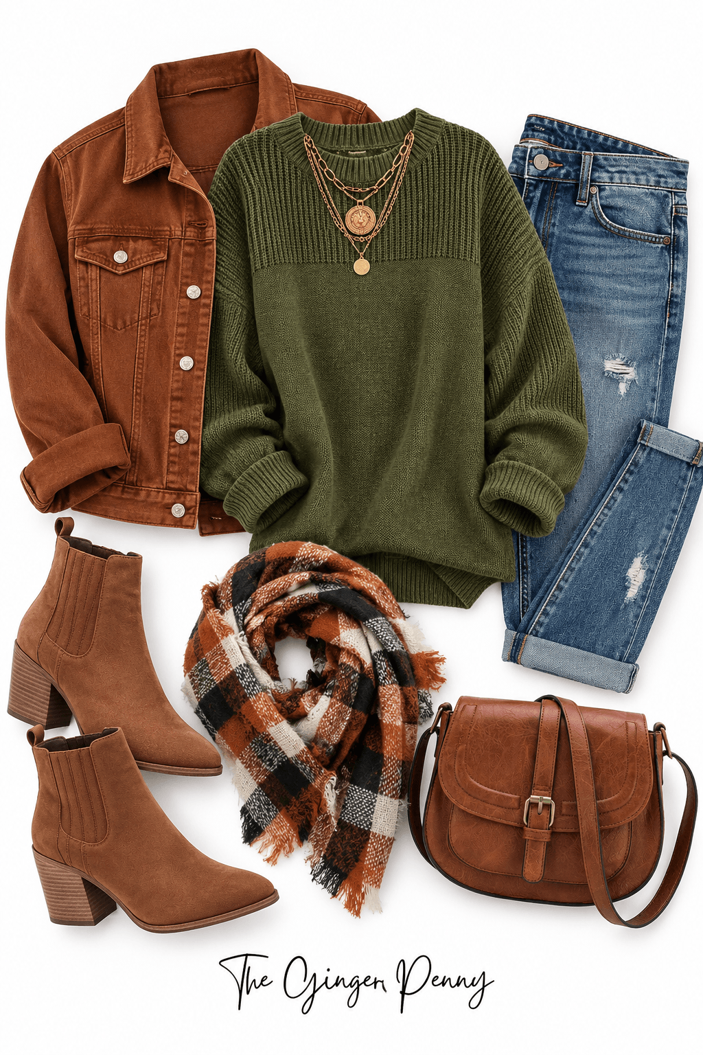 Olive green sweater fall outfit with rust jacket, jeans, brown ankle boots, plaid scarf and crossbody bag