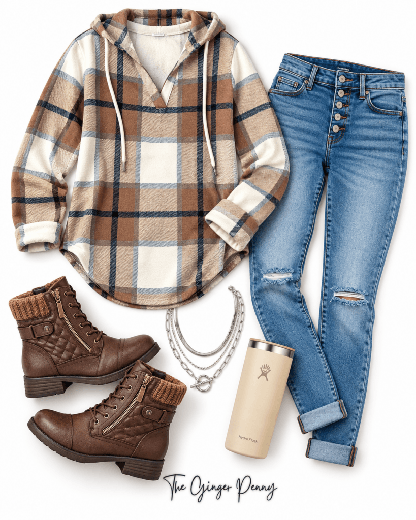 Plaid pullover fall outfit with distressed denim, brown boots, and simple accessories
