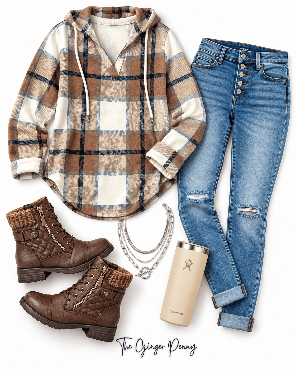 Plaid pullover fall outfit with distressed denim, brown boots, and simple accessories