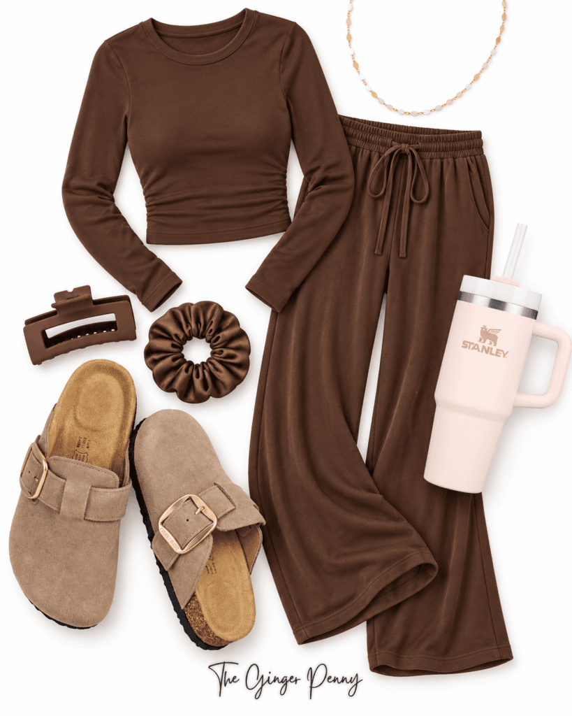 Cozy brown set outfit styled with clogs, a hair clip, and Stanley tumbler for fall