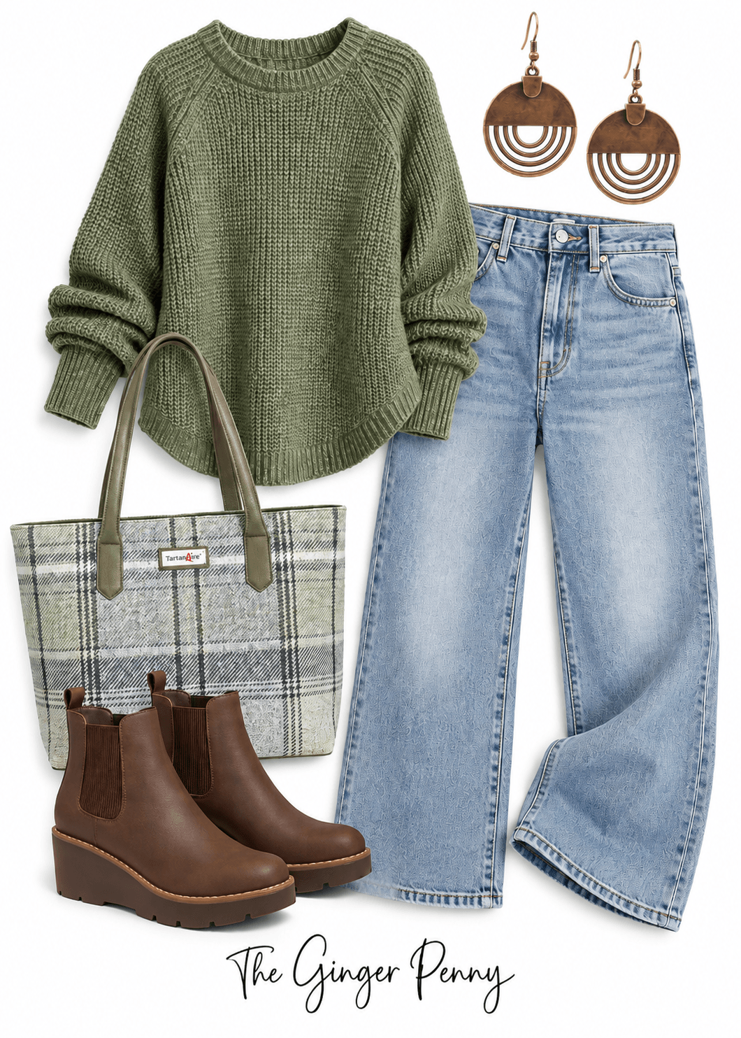 Olive green sweater outfit with wide-leg blue jeans, brown belt, brown ankle boots, and plaid tote