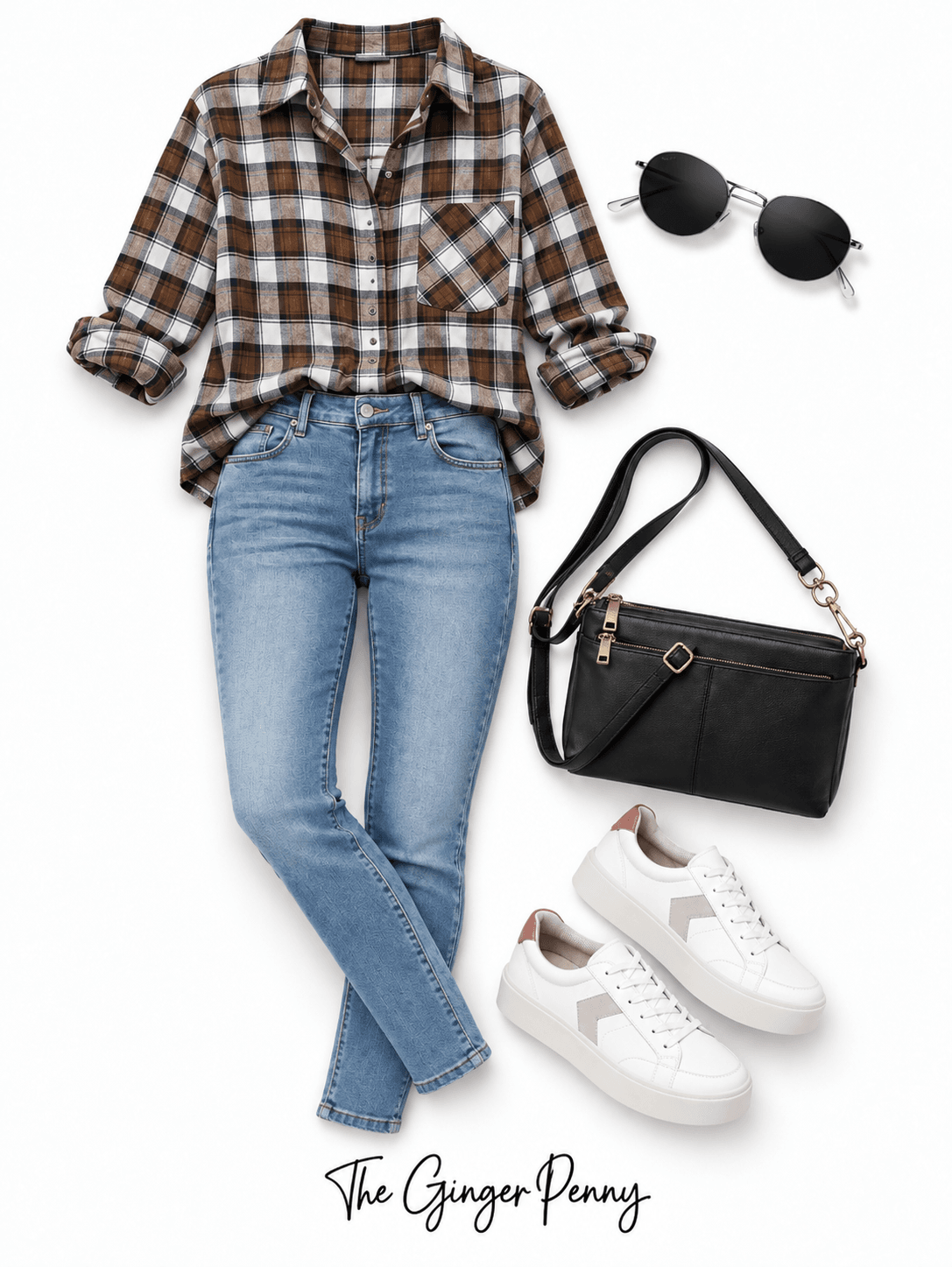 Casual fall outfit featuring a plaid shirt, blue jeans, and everyday sneakers