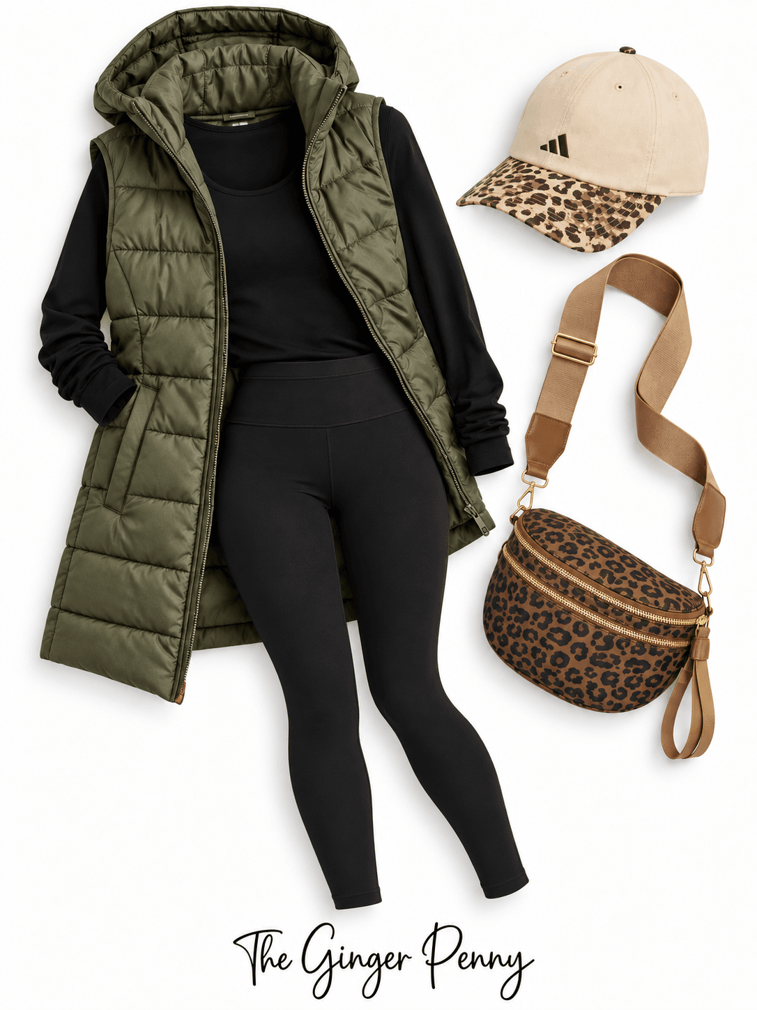 Olive green long puffer vest outfit with black leggings, fitted bodysuit, and leopard print accessories