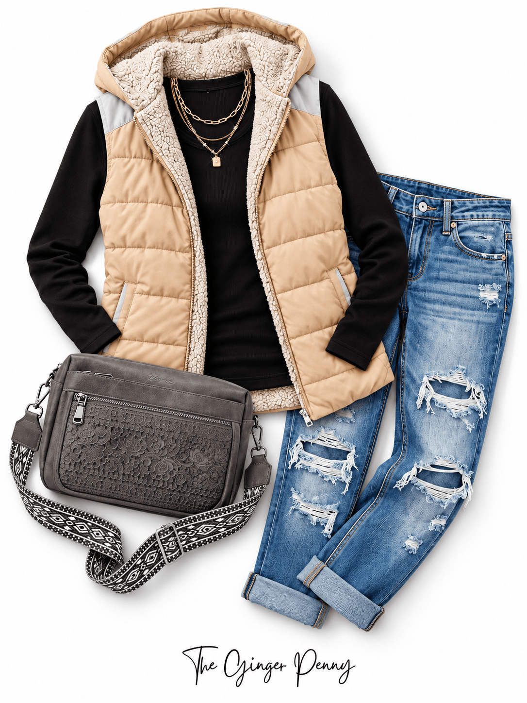 Sherpa vest fall outfit with tan sherpa vest, black long sleeve top, distressed blue jeans, gray crossbody bag, and gold jewelry