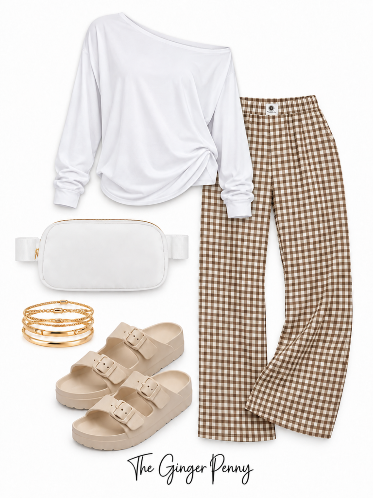 Gingham pants outfit with brown checkered pants, white off-the-shoulder top, neutral sandals, and white handbag