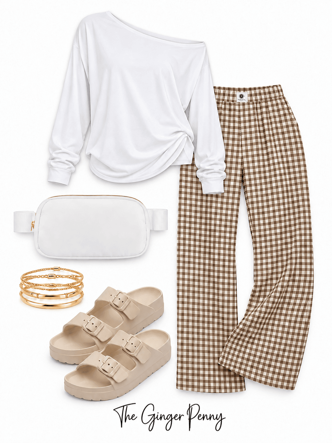 Gingham pants outfit with brown checkered pants, white off-the-shoulder top, neutral sandals, and white handbag