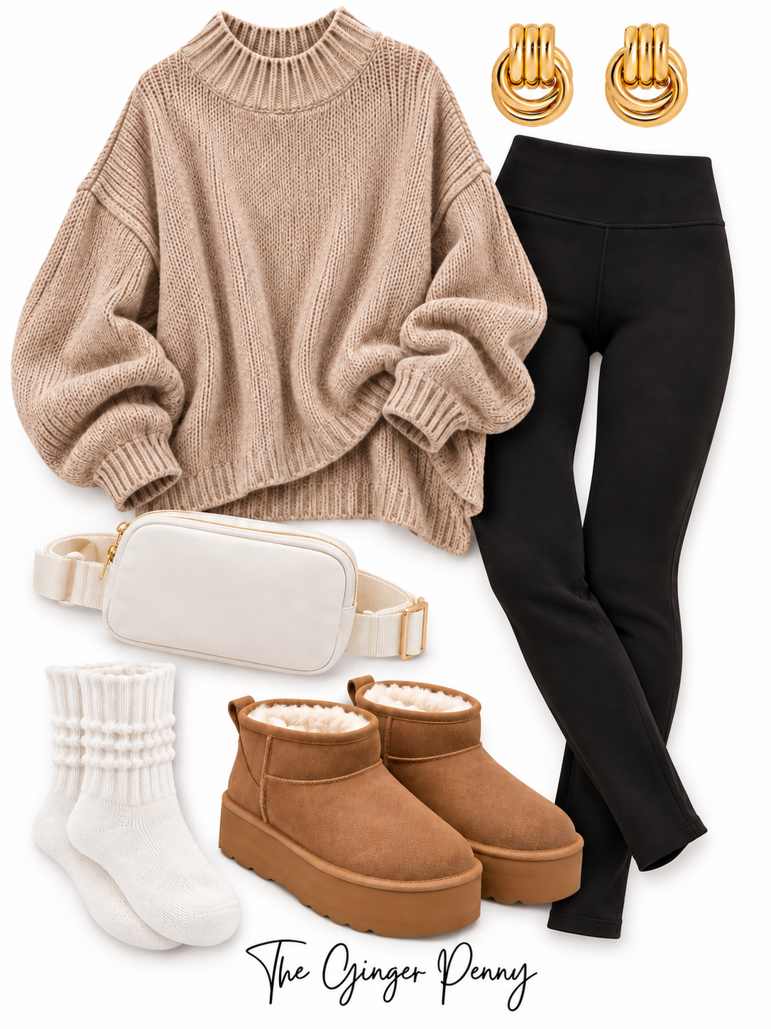 Oversized sweater and leggings outfit with chunky beige sweater, black leggings, brown clogs, white bag, and neutral accessories