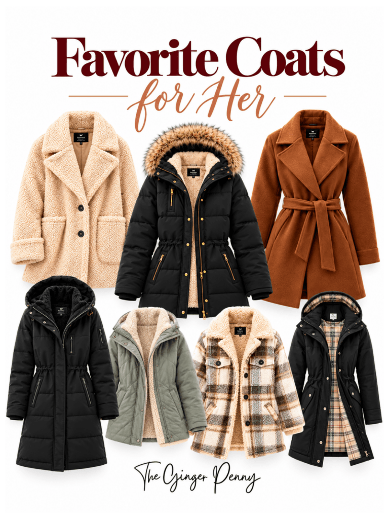 Favorite winter coats for women featuring camel, black, brown, and neutral winter jackets in different styles