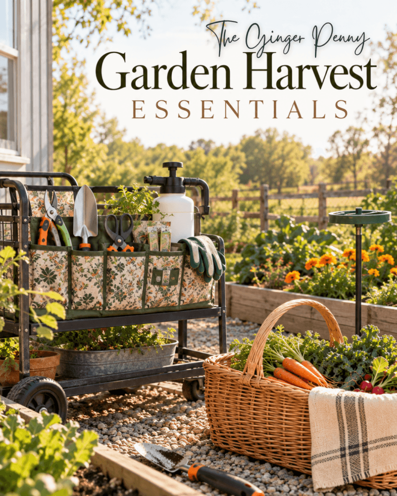 Garden harvest essentials including practical tools and supplies for picking, washing, and storing fresh vegetables