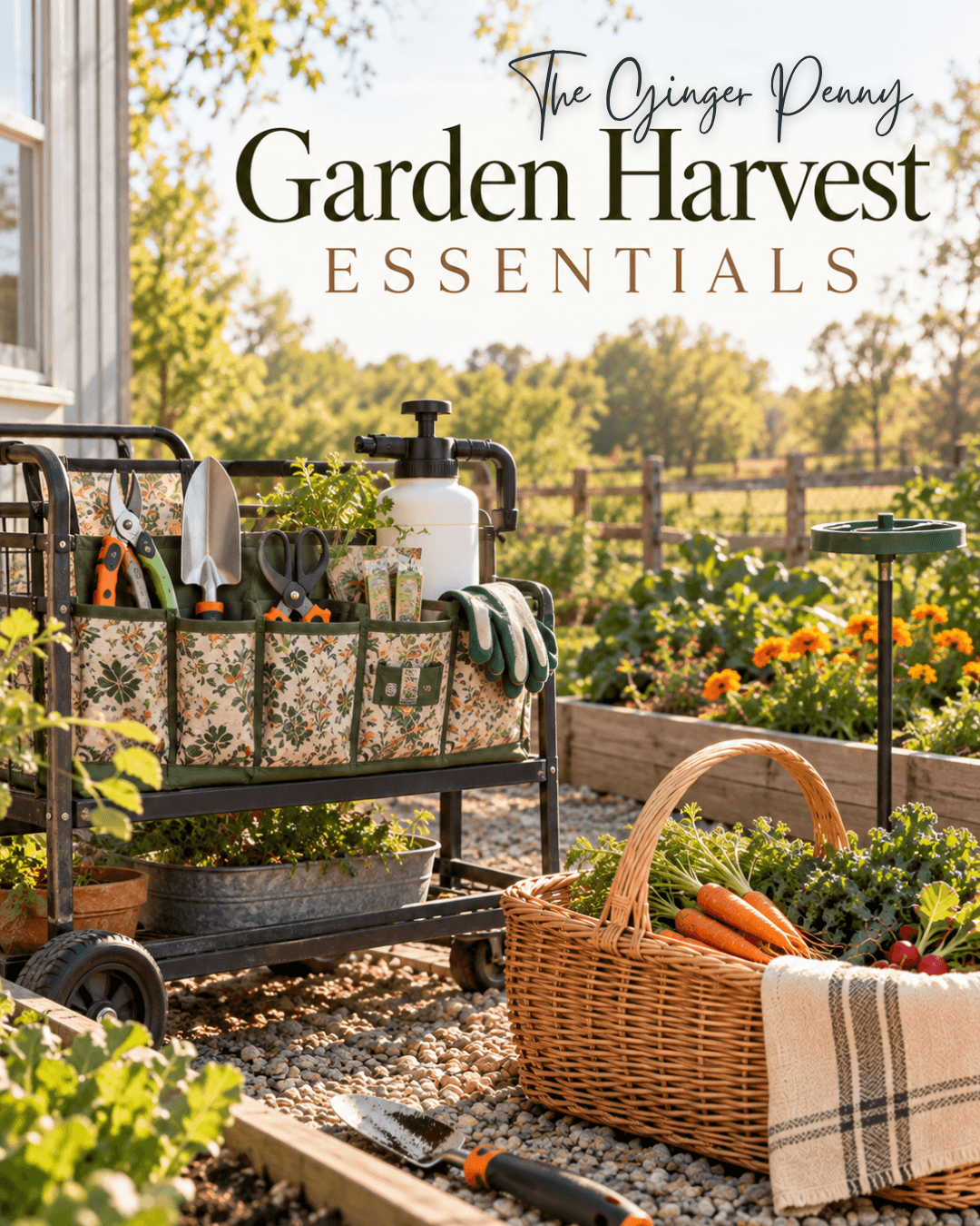 Garden harvest essentials including practical tools and supplies for picking, washing, and storing fresh vegetables