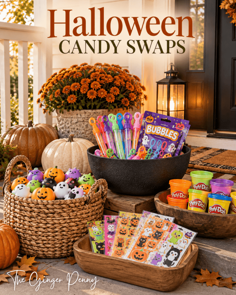 Non-candy Halloween treat swaps including bubbles, mini Play-Doh, and small toys for kids